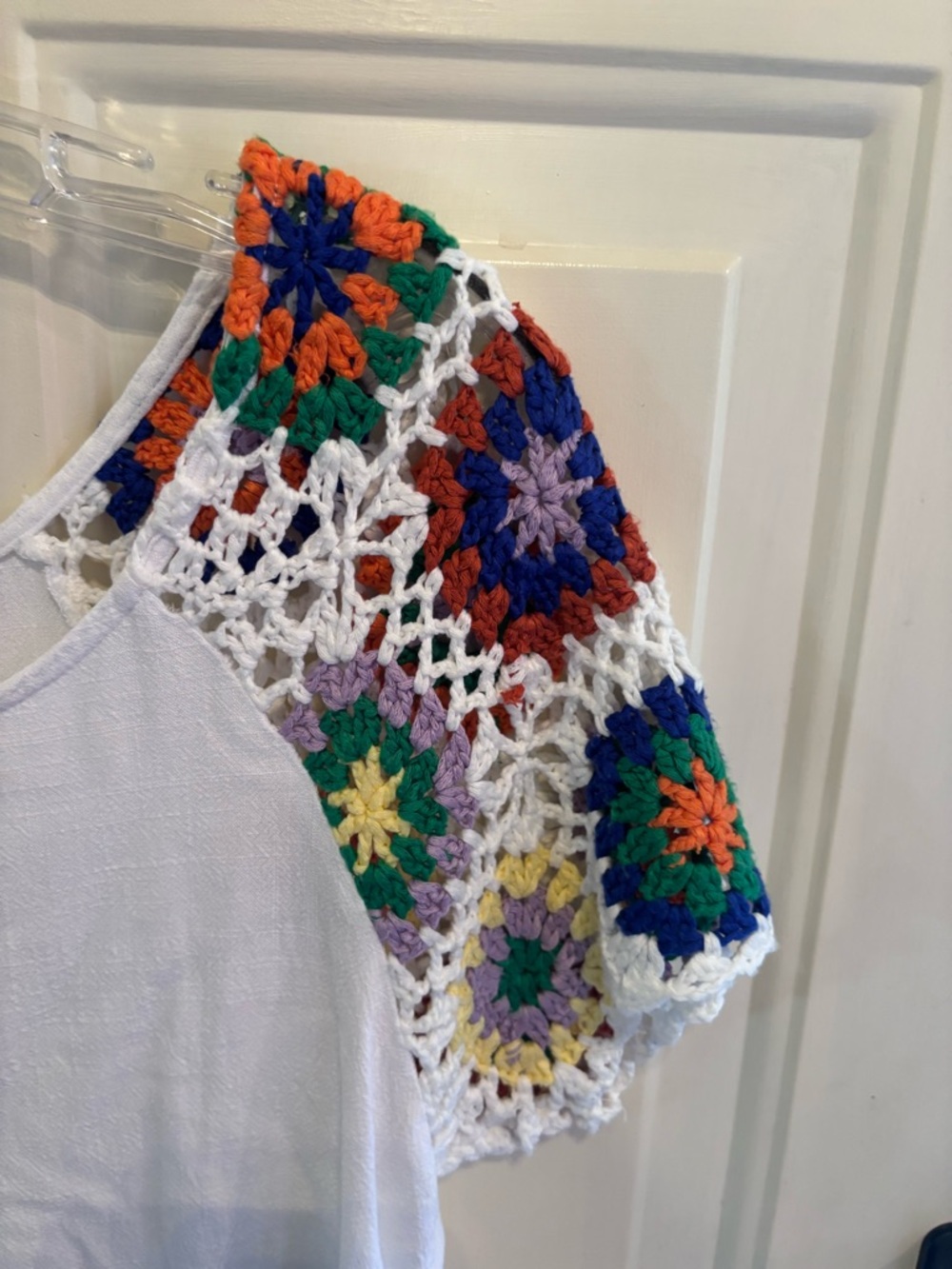Anthropologie JODIFL White Cotton Tee with Multicolor Crochet Sleeves - Picture 4 of 5